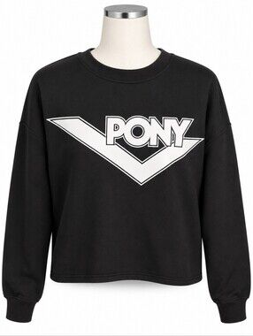 NWT PONY Women's Cropped Sweatshirt Size M Black Crewneck Long Sleeve Pullover